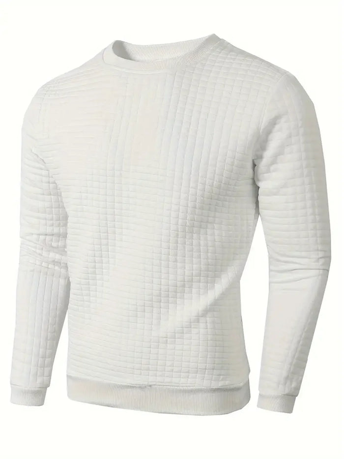 Sudadera crema de punto gofre con cuello redondo en plano sobre fondo blanco, vista de frente