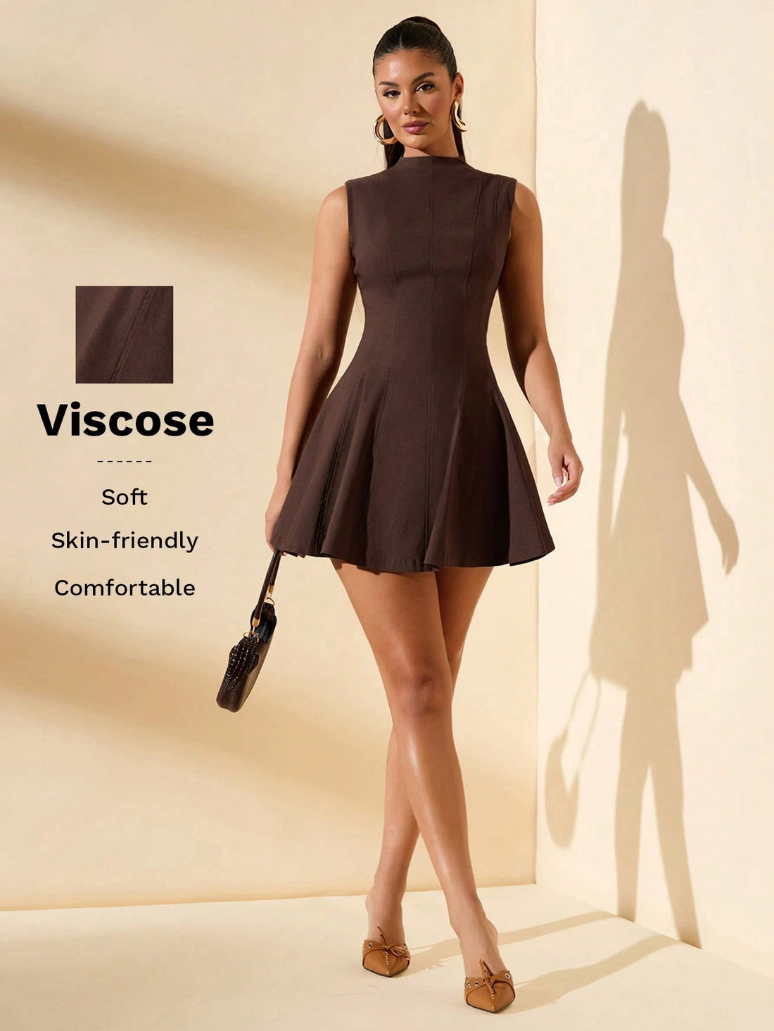 Vestido mini de manga abullonada en marrón