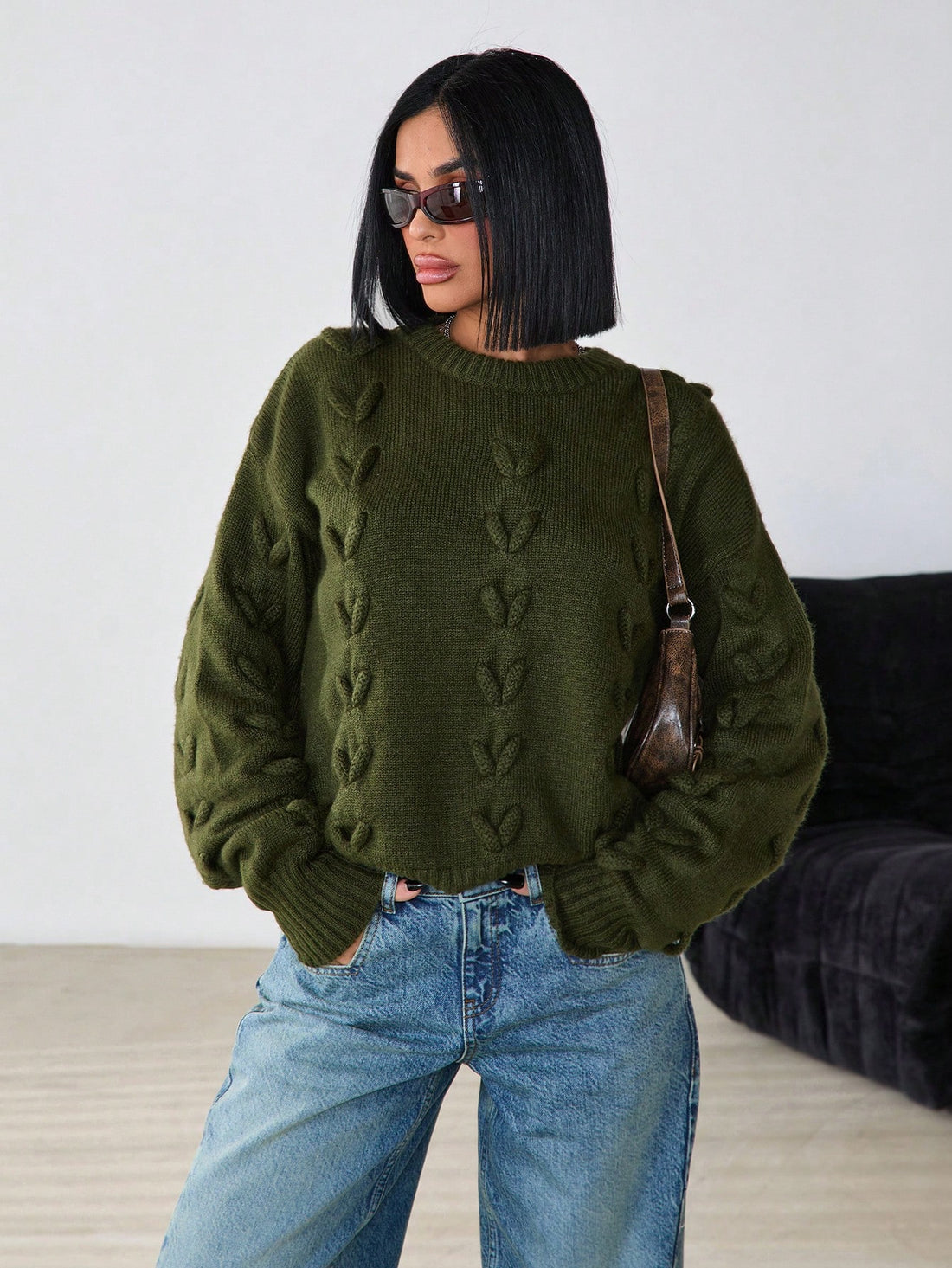 Jersey de punto trenzado en verde militar