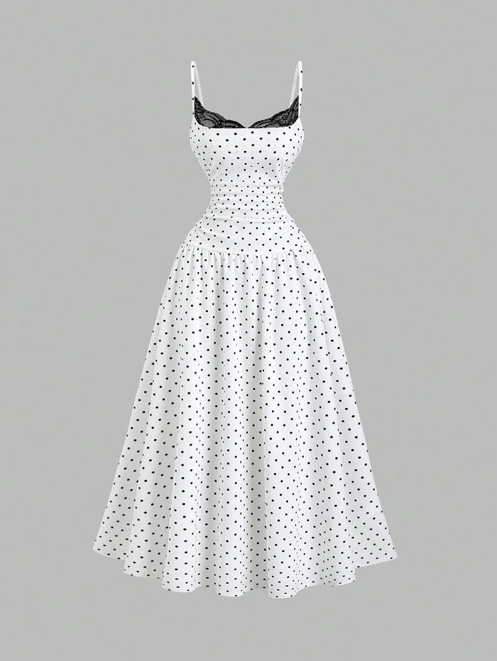 Vestido largo de lunares con encaje negro