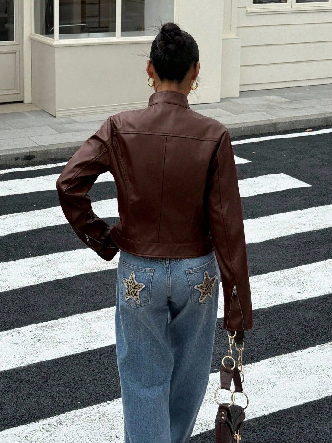 Chaqueta biker de polipiel en marrón, vista 2