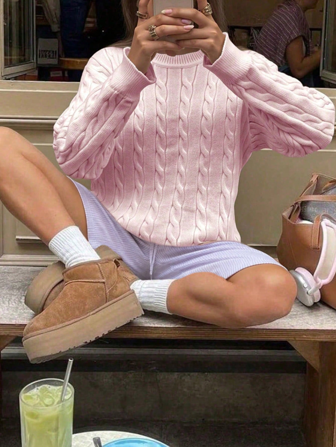 Jersey oversize de punto trenzado en rosa palo, vista 2