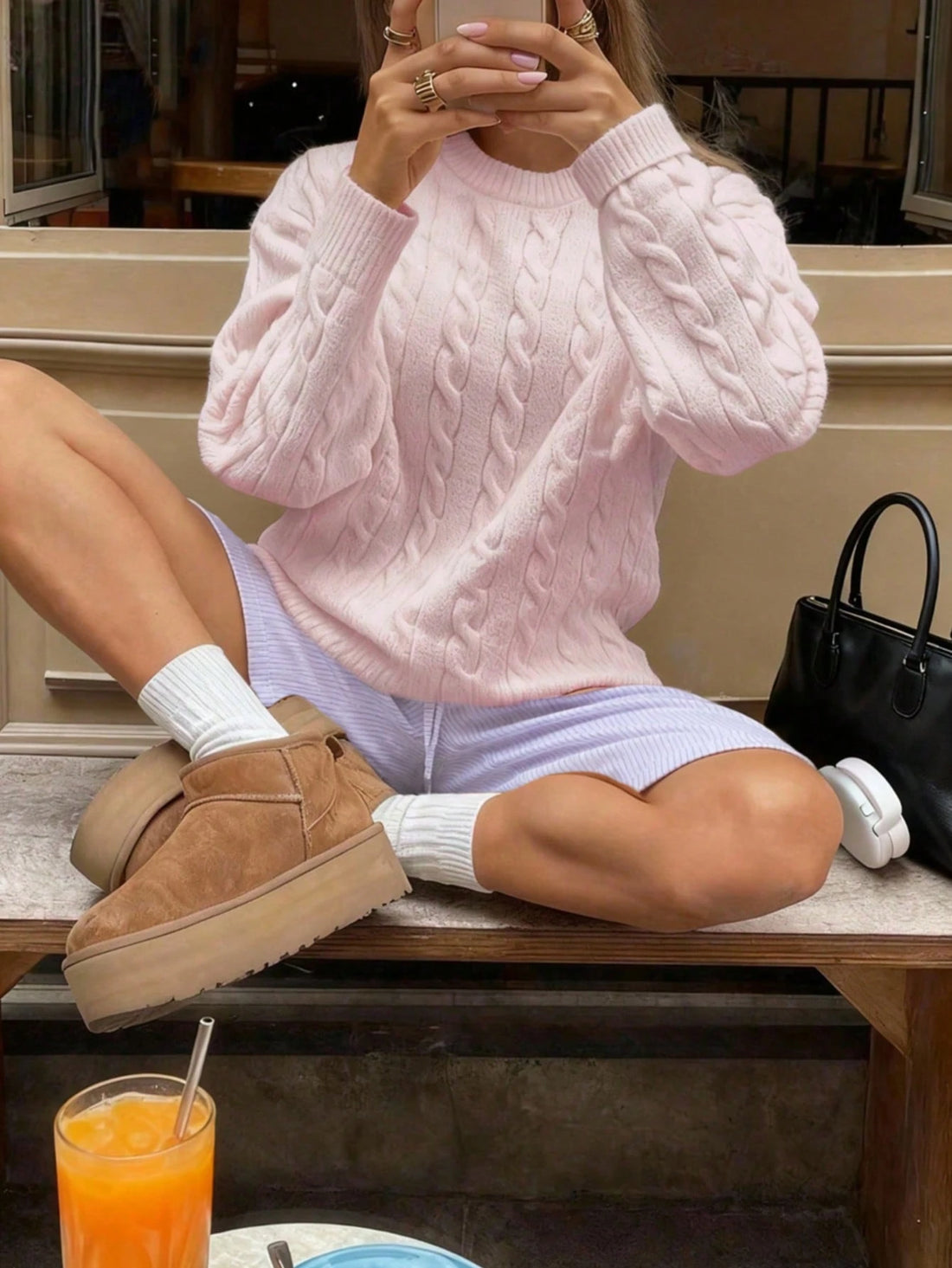 Jersey oversize de punto trenzado en rosa palo