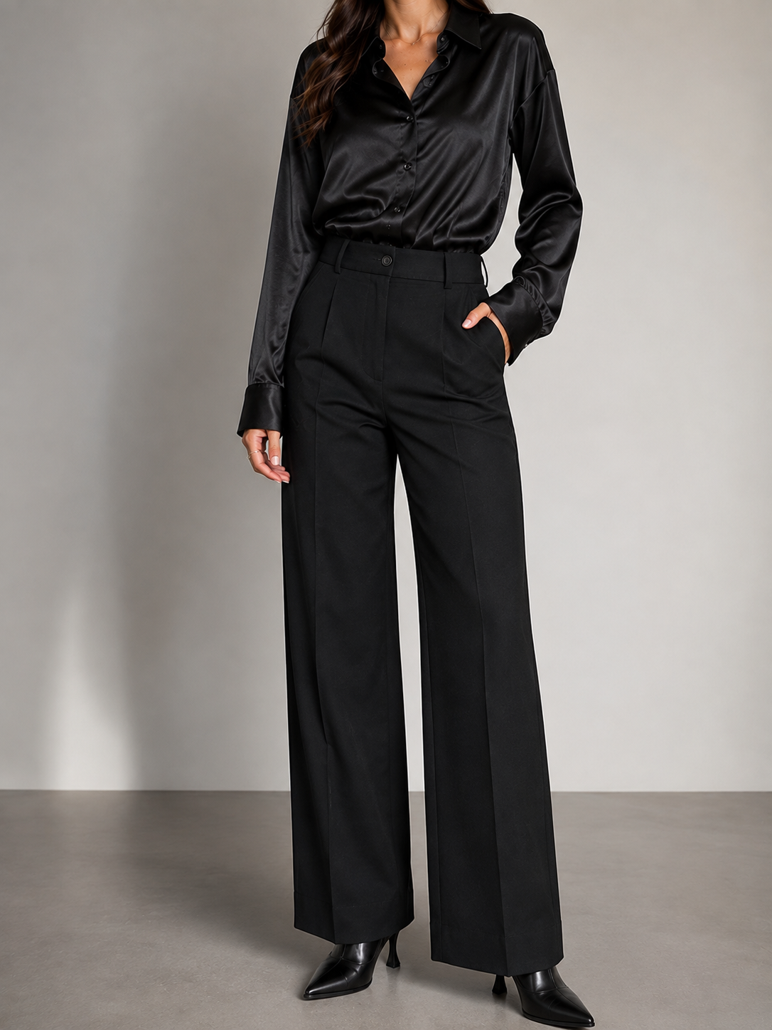 Pantalón de vestir wide leg con pinzas, detalle de la caída de la pernera