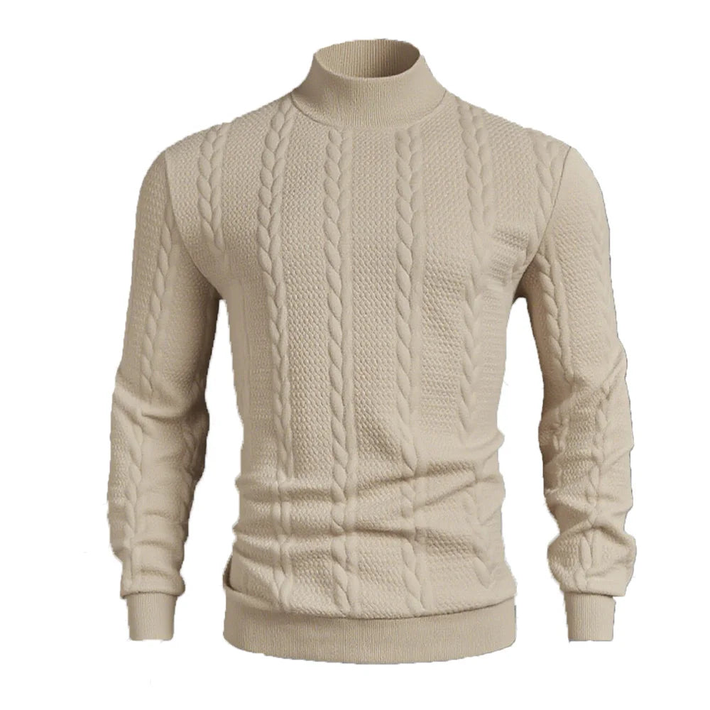 Jersey crema de ochos con cuello perkins en plano sobre fondo blanco