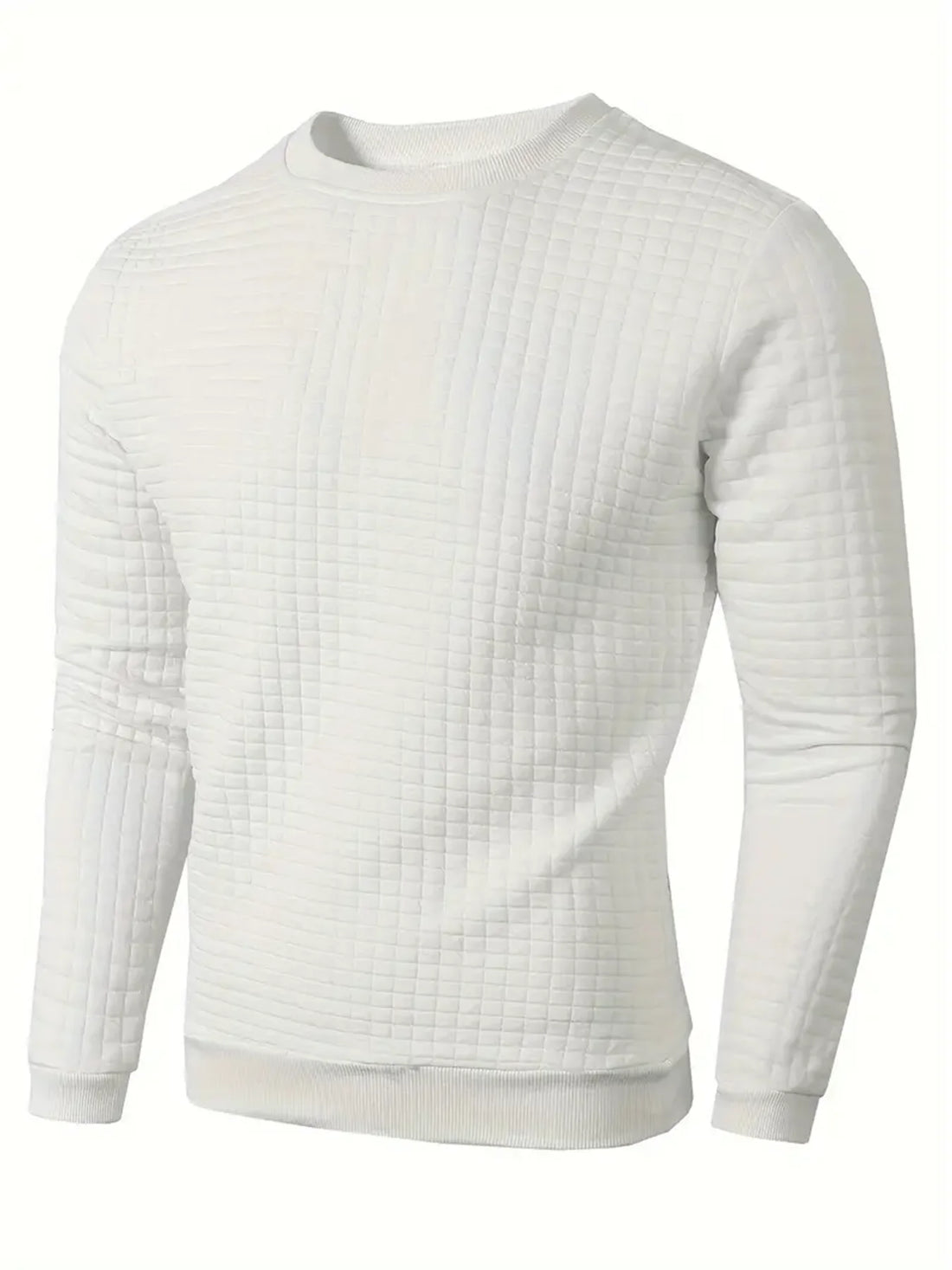 Sudadera crema de punto gofre con cuello redondo en plano sobre fondo blanco, vista de frente