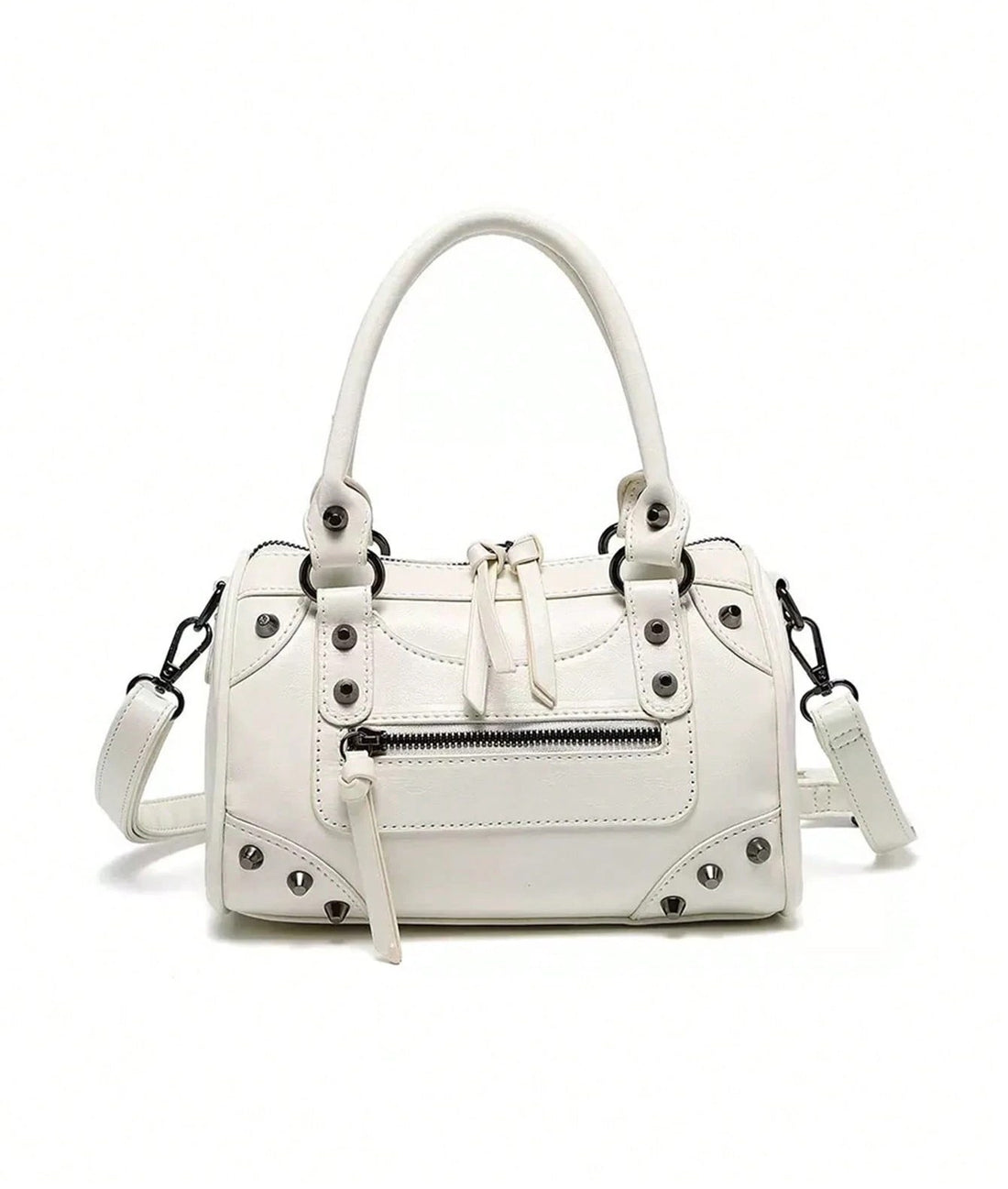 Bolso bowling con tachuelas en blanco